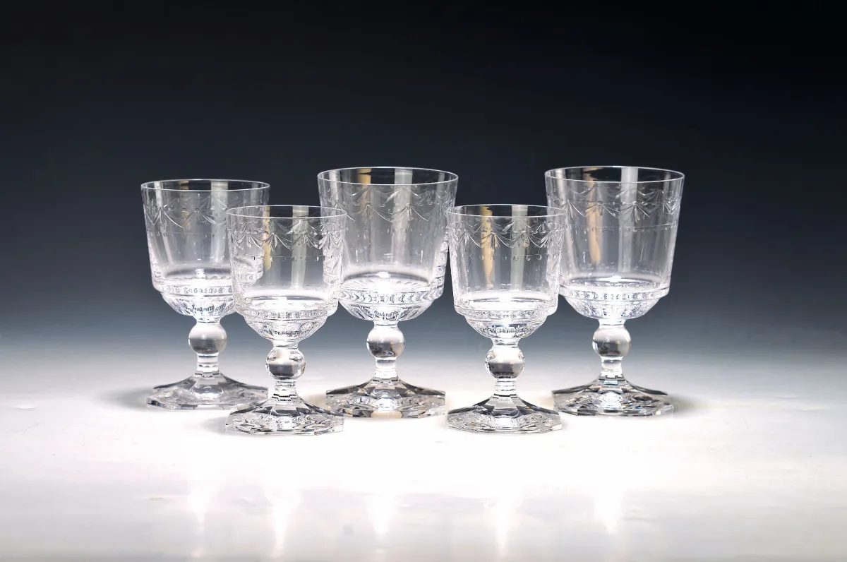 22 tlg. Trinkglasset Dekor Kurland, KPM, Berlin, farbloses Glas, 6 Weißweingläser, 6
