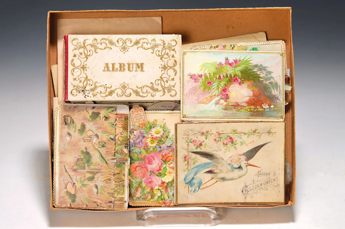 Album Amicorum mit Sammlung Glückwunsch -Faltkarten, um 1880-1900, deutsch, 14