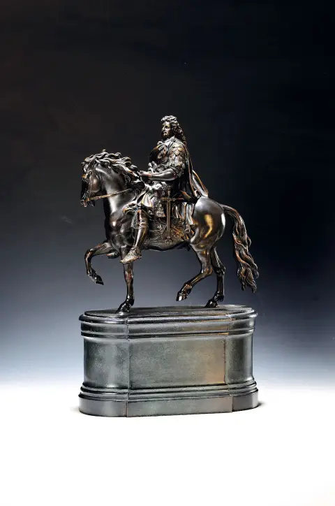 Statue équestre Louis XIV, 19e/20e s., bronze, patine noir/marron, d'après le modèle