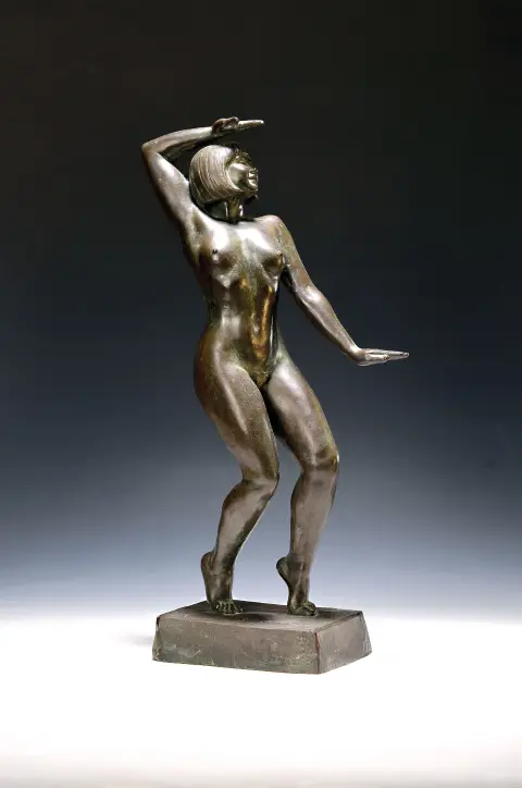 Grande figurine en bronze, danseuse expressionniste, sign. Fuchs, probablement années 20, dansante