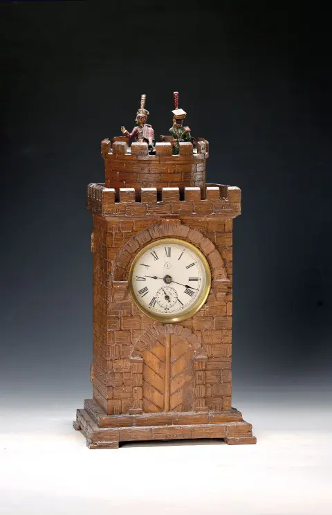 Tafelklok met muziekwerk als wekker, waarschijnlijk Junghans, circa 1900, houten kast