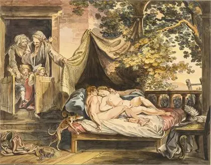 RAMBERG, Johann Heinrich (1763 Hainholz - 1840 Hainholz). Observeret elskende par "Le Rossignol"