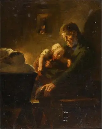 HIDDEMANN, Friedrich Peter (1829 Düsseldorf - 1892 samme sted). Genrescene med far og barn