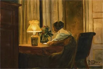 JENSEN, Aage (1876 - 1961)。阅读女士的室内场景