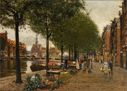 HERMANNS, Heinrich (1862 Düsseldorf - 1942 samme sted). Blomstermarked Amsterdam
