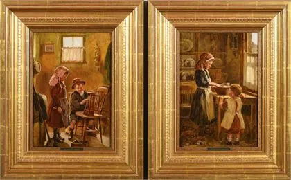 HILL, Justus (1848 - 1925)。两幅儿童风俗画