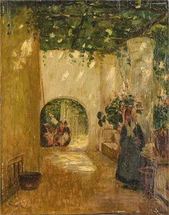 LIPPS, Richard（1857 柏林 -1926 施塔恩贝格）。带葡萄藤架和人物的南方小巷