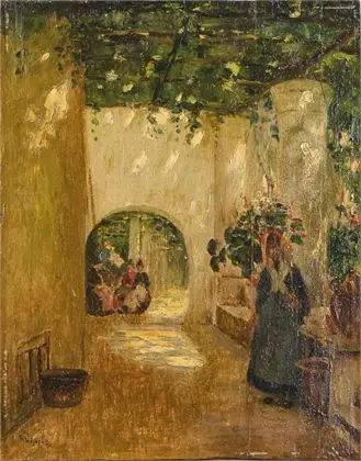 LIPPS, Richard (1857 Berlin -1926 Starnberg). Sydlandsk smug med vinspalier og staffasje