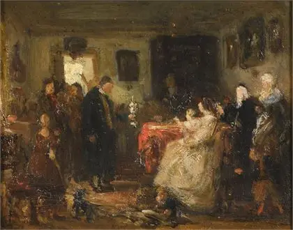 NIEDMANN, August Heinrich (1826 Braunschweig - 1910 Ried/Benediktbeuren). Skisse til "Gratulasjonsmottakelsen"