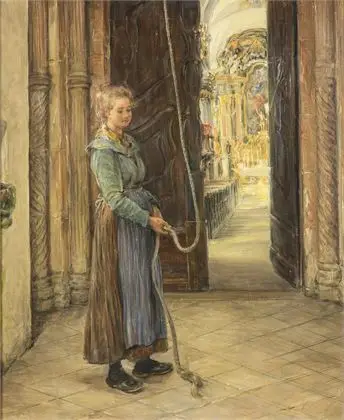 PILTZ, Otto (1846 Allstedt a.d.Helme – 1910 München-Pasing). Kirkeinteriør med ung kvinne