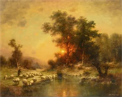 KÖNIG, Günter（1926年吉森 - 2007年）。富有氛围的羊群风景