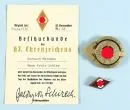 Insignes, 2 stuks en certificaat – Führer Sportinsigne (waarschijnlijk verzamelaarsuitvoering), eenvoudig HJ-ereteken, certificaat voor het gouden ereteken