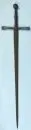 Épée – poignée en bois avec revêtement en cuir (déchiré), garde décorée, lame en acier patiné, L=120 cm, historicisme, XIXe s., objet décoratif