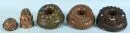 Baking molds, 5 pieces – copper, tinned interior, various, partly chased decorations, round, D= 12-26 cm, 19th/20th c.