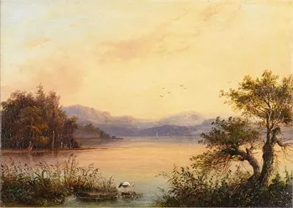 匿名。日落时分的湖景与山景