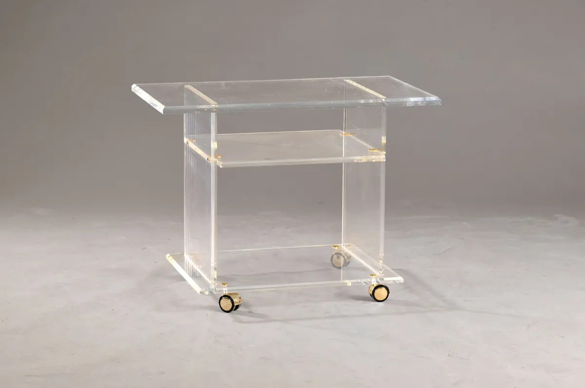 Table d'appoint/Chariot de service en acrylique, plateaux facettés, 3 niveaux, sur quatre roulettes