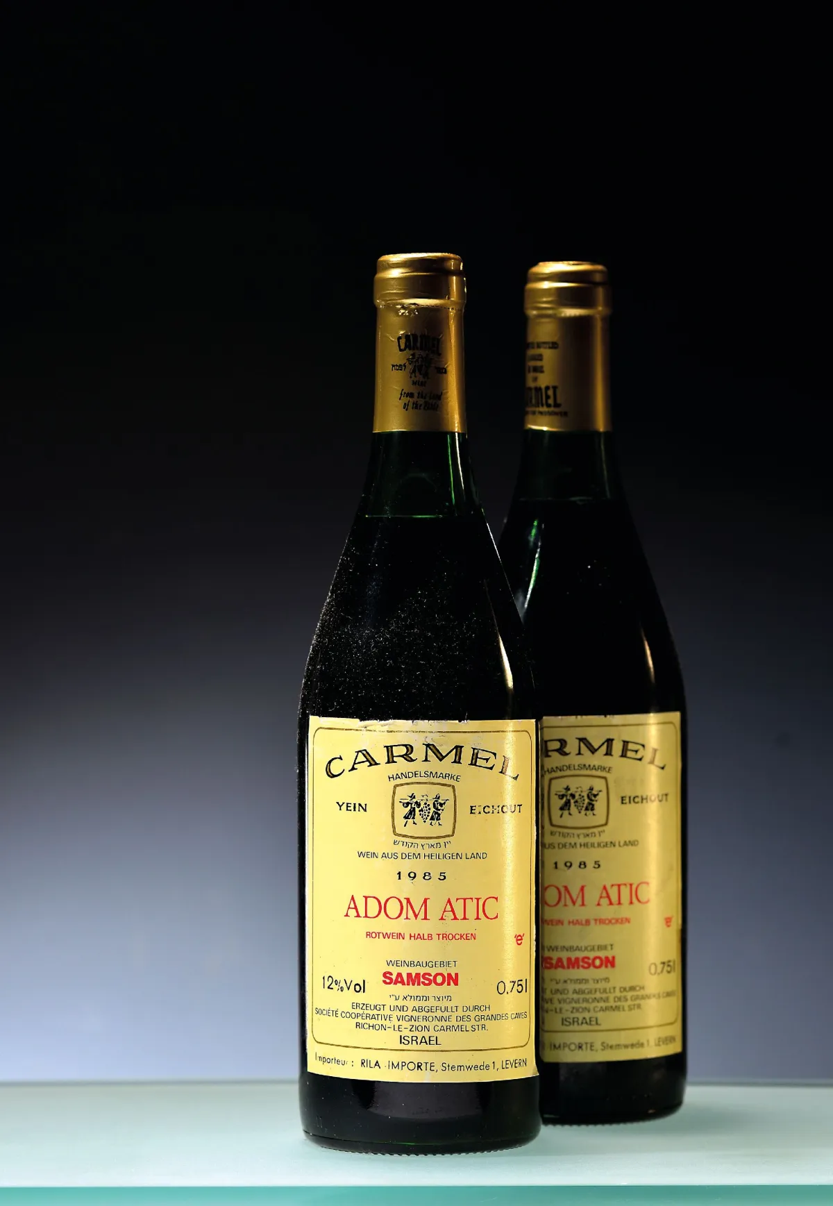 2 bouteilles 1985 Yein Eichout Carmel Adom Atic, Samson, Israël, env. 75cl, 12%vol