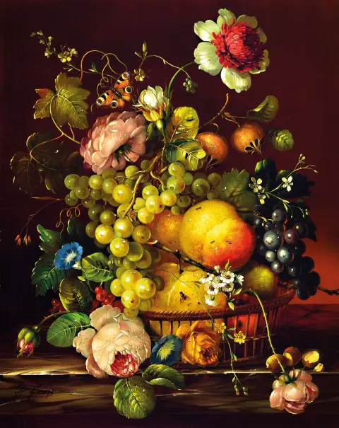 Hans Graß, 1935-2014, riche nature morte de fleurs et de fruits avec insectes dans un ancien