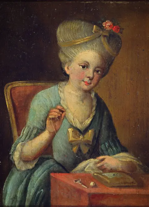 Artiste inconnu, fin du 18e s., femme à l'ouvrage, huile/bois, non signé, env.