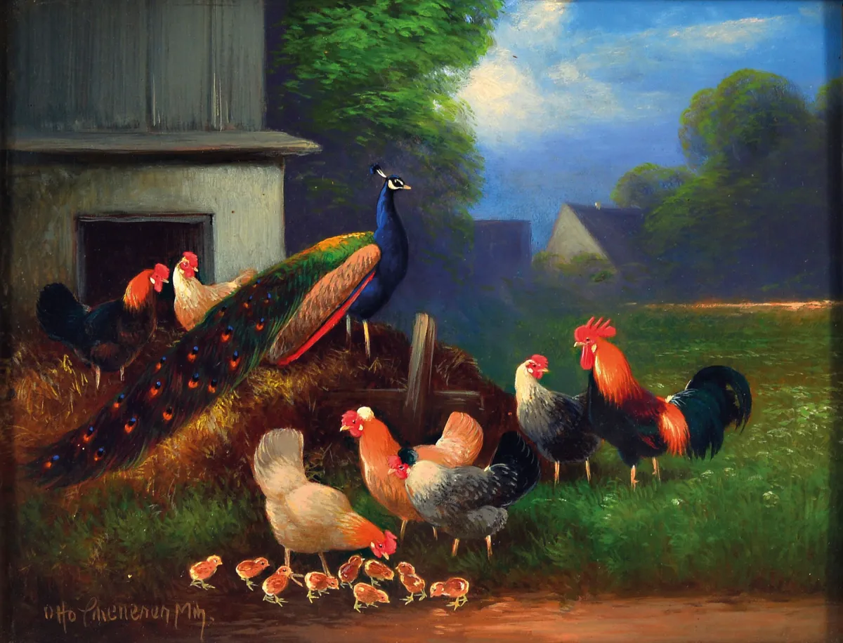 Otto Scheuerer, 1862-1934 München, Hahn, Hühner, Enten und Pfau auf dem Hof, Öl/