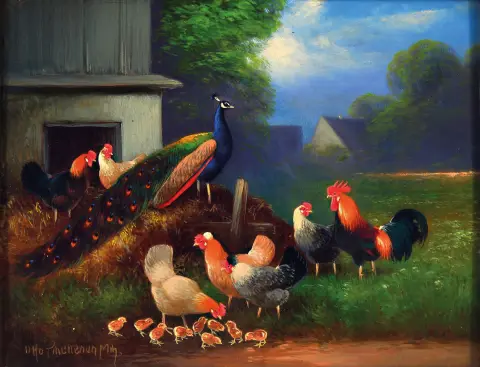 Otto Scheuerer, 1862-1934 Munich, coq, poules, canards et paon dans la cour, huile/