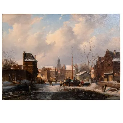 Charles Leickert – Dutch town in winter with ice skaters, probably 1890s
