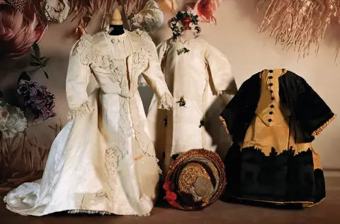 tři výjimečné antické šaty pro panenky kolem 1885