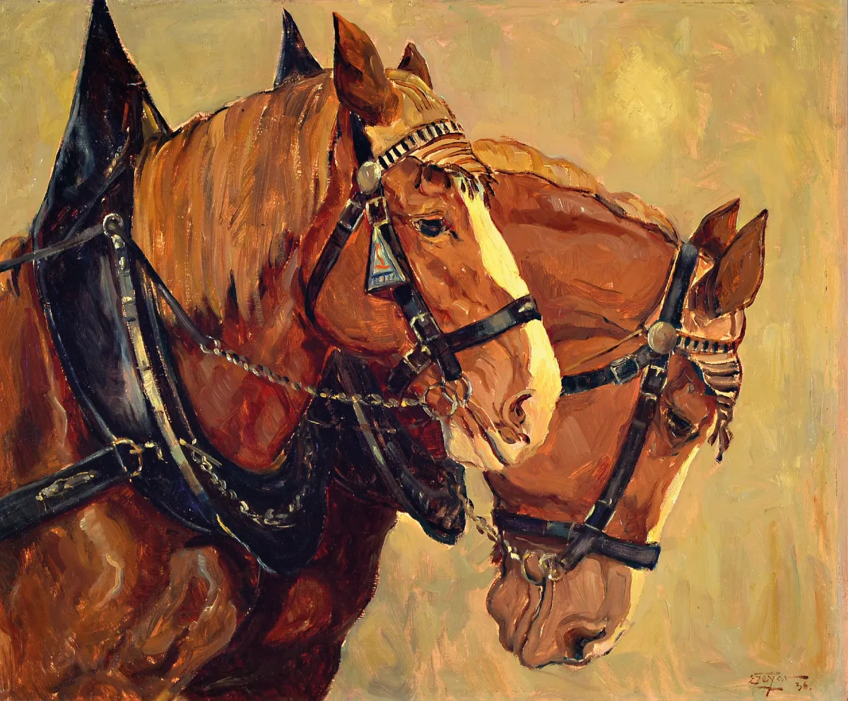 E. Geyer, datowany, konie gospodarskie, olej/płótno, sygnowany, dat. 36, olej/deska, ok. 50 x 60