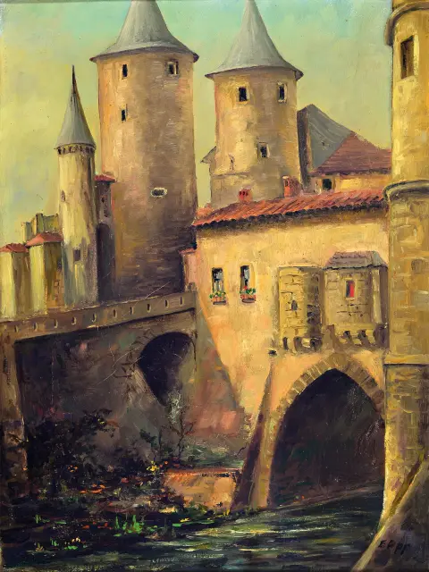 Eduard Opp, école de Landau milieu 20e s., 2 tableaux à l'huile, vues de ville 1x