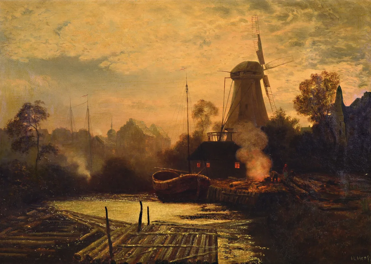 H. Herf, Nederlandse kunstenaar van de 19e eeuw, Nederlandse stad, zicht langs