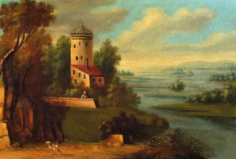 Peintre inconnu du 18e siècle, château au bord de la rivière, un homme regarde depuis la balustrade,