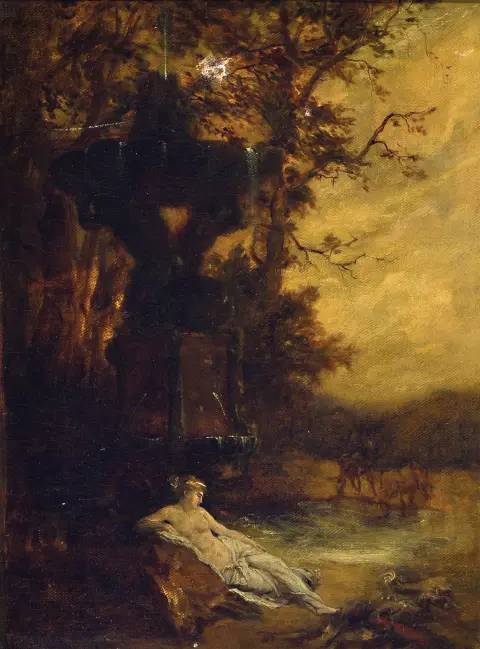 Prof. August Holmberg, 1851-1911 Munich, paysage avec nymphée, sur une pierre