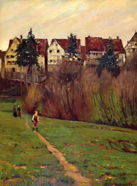 August Wilhelm Dieffenbacher, 1858 Mannheim-1940 Munich, servantes devant décor de village,