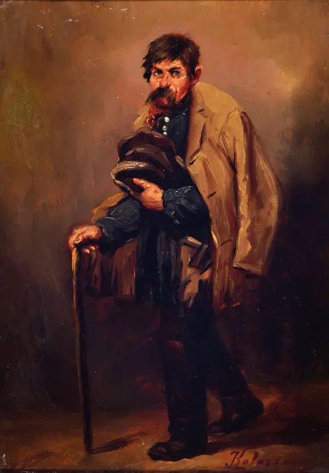 Lajos Kolozsvary, 1871-1937 Budapest, portrait entier d'un mendiant, huile/panneau de fibres, à droite