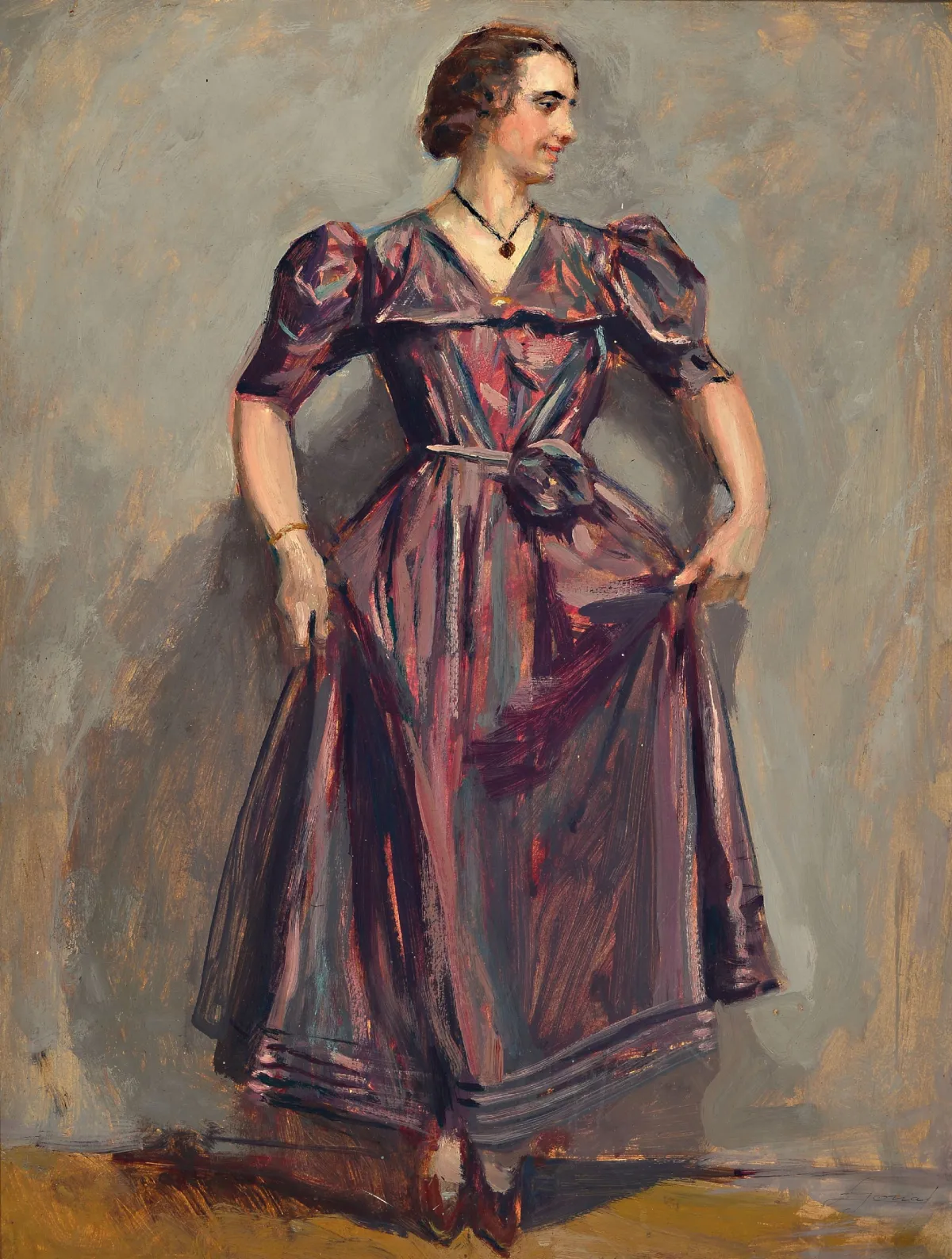 Lucien Hector Jonas, 1880 Anzin-1947 Paříž, mladá žena v purpurových šatech, vlevo