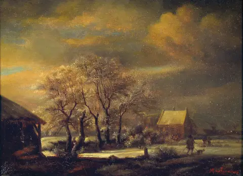 M.v. Saunieres, artiste du 19e s., paysage d'hiver dans la tradition néerlandaise