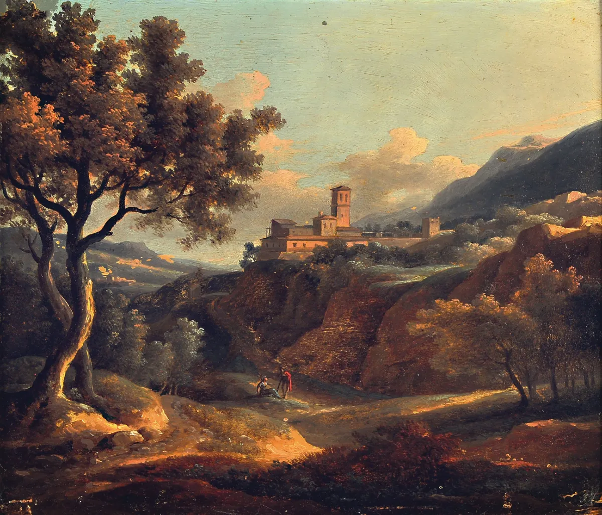 Unknown artist around 1800, Northern Italian landscape with couple resting,
