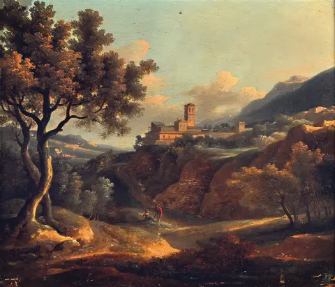 Artiste inconnu vers 1800, paysage d'Italie du Nord avec couple se reposant,