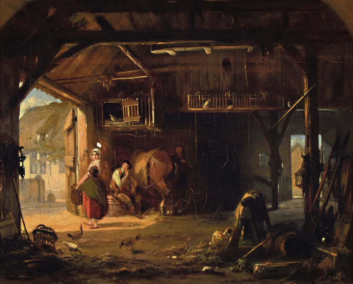 Jean-Louis van Kuyck, 1821-1871 Antverpy, Interiér stáje s děvečkou a podkovářem, vlevo