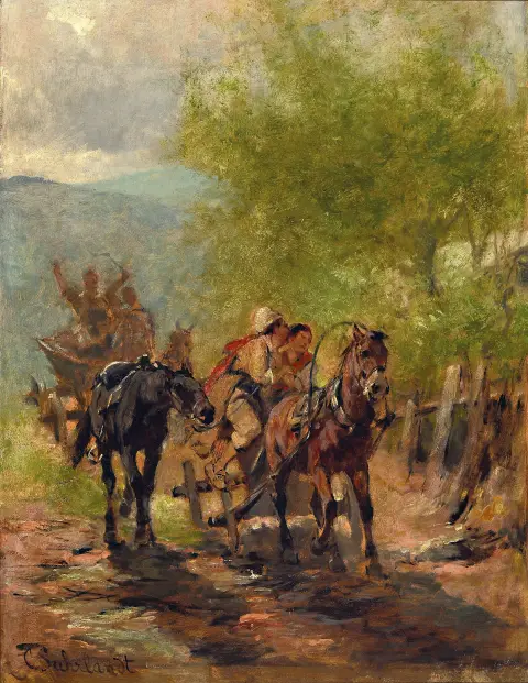 Carl Suhrlandt, 1828 Ludwigslust-1919 Kochel am See, convoi de charrettes paysannes avec chevaux