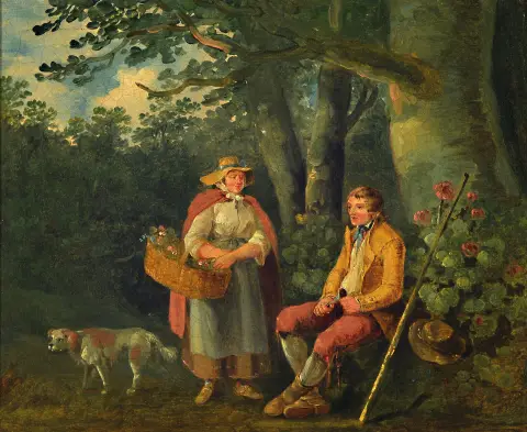 Artiste inconnu, probablement allemand, milieu du XIXe s., rencontre à l'orée de la forêt, huile/toile