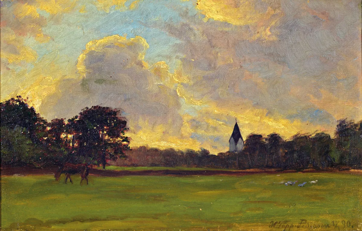 Holger Topp-Pedersen, 1868 Odense-1938, Abendlandschaft mit Baumgruppe und Kirchturm,