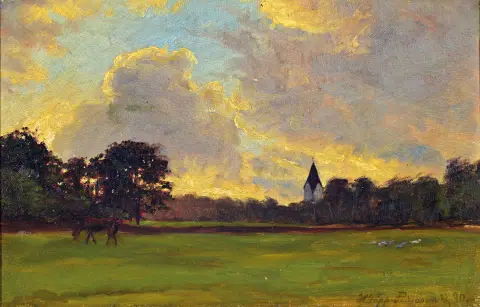 Holger Topp-Pedersen, 1868 Odense-1938, paysage du soir avec groupe d'arbres et clocher