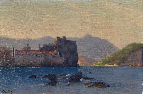 Eduard Wirth, 1870 Chotieborsch-1935 Brünn, rochers devant une forteresse au bord de la mer,