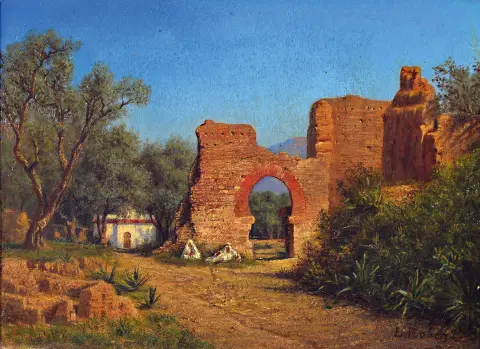 Leopold Robert, 1850-1935, belge, ruine avec deux Bédouins dans un paysage méridional,