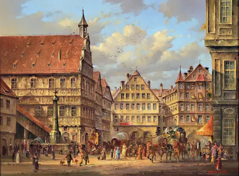 Heinz Scholz, né en 1925 à Berlin, place du marché de Stuttgart, huile/bois, signé en bas à droite, env. 32