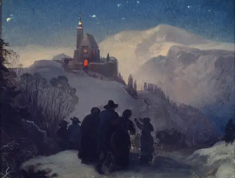 Artiste inconnu du XIXe siècle, paysage d'hiver avec famille allant à l'église,