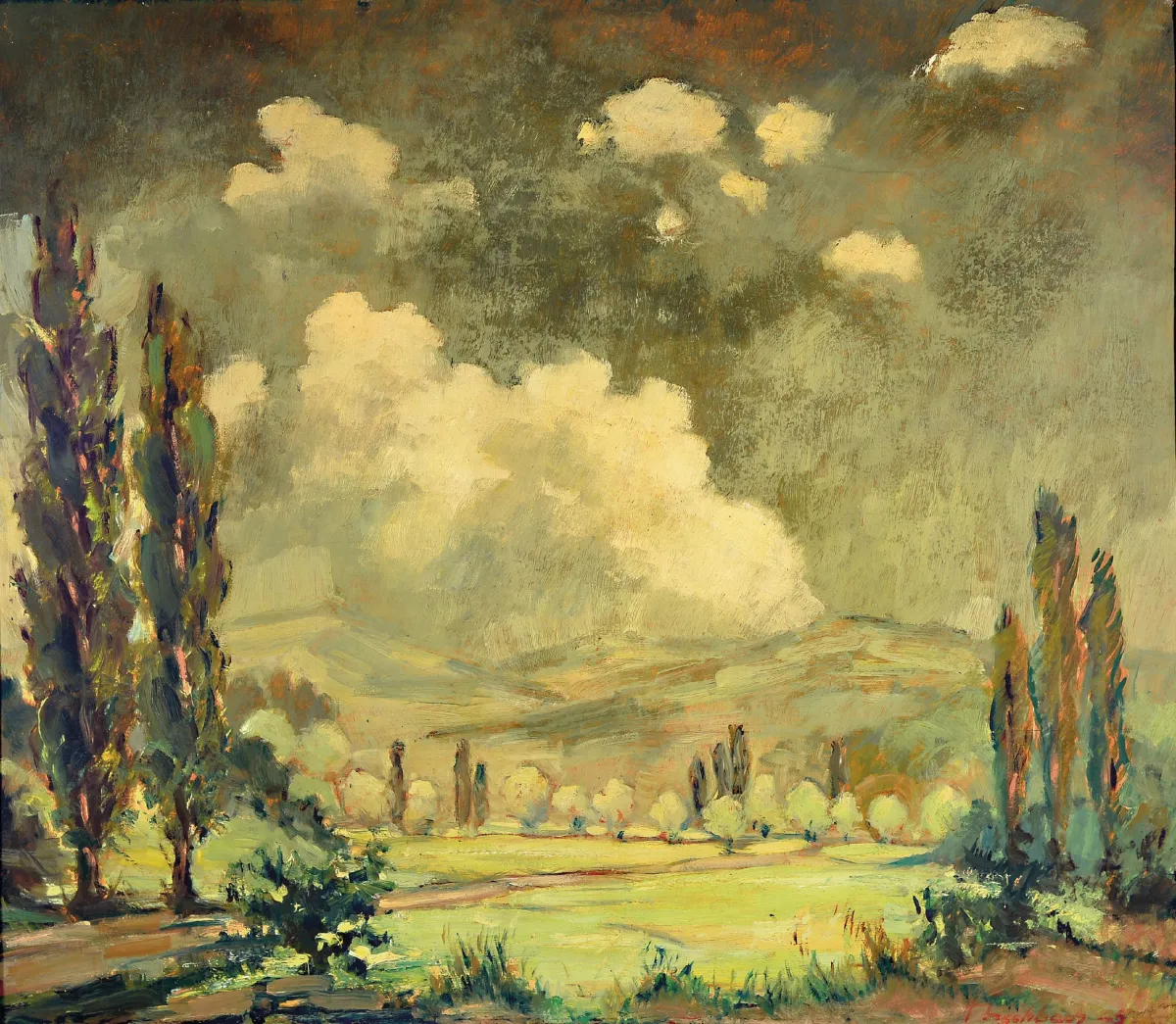 Hugo Fischbach, 1894 Wuppertal-1962 Germersheim, paysage d'orage palatin devant la