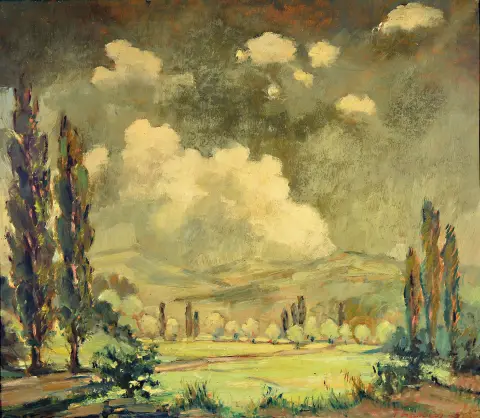 Hugo Fischbach, 1894 Wuppertal-1962 Germersheim, paysage d'orage palatin devant la