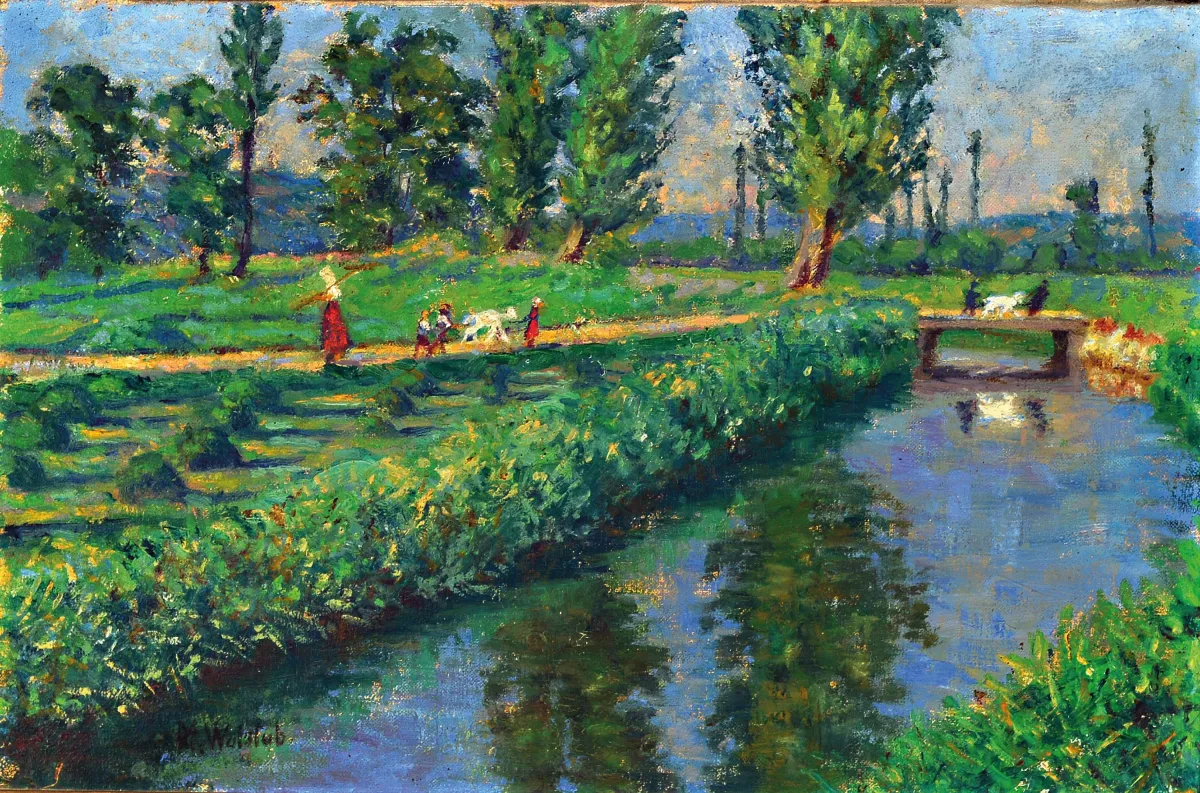 M. Wohlrab, begin 20e eeuw, impressionistisch zomerlandschap aan de rivier met